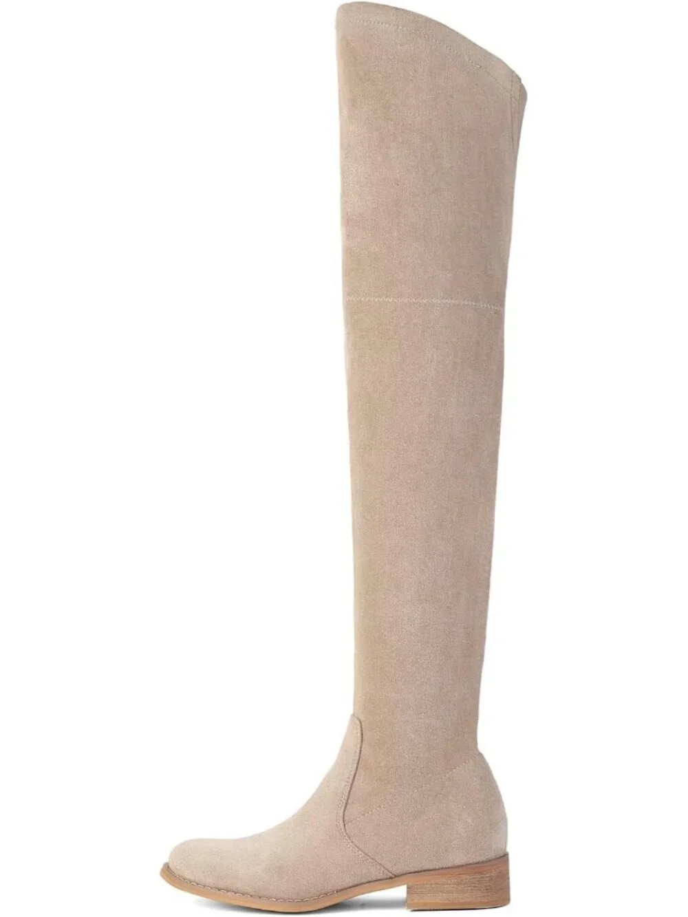 Women's Beige Low Block Heel Pointed Toe Stretch Over The Knee Thigh High Boots